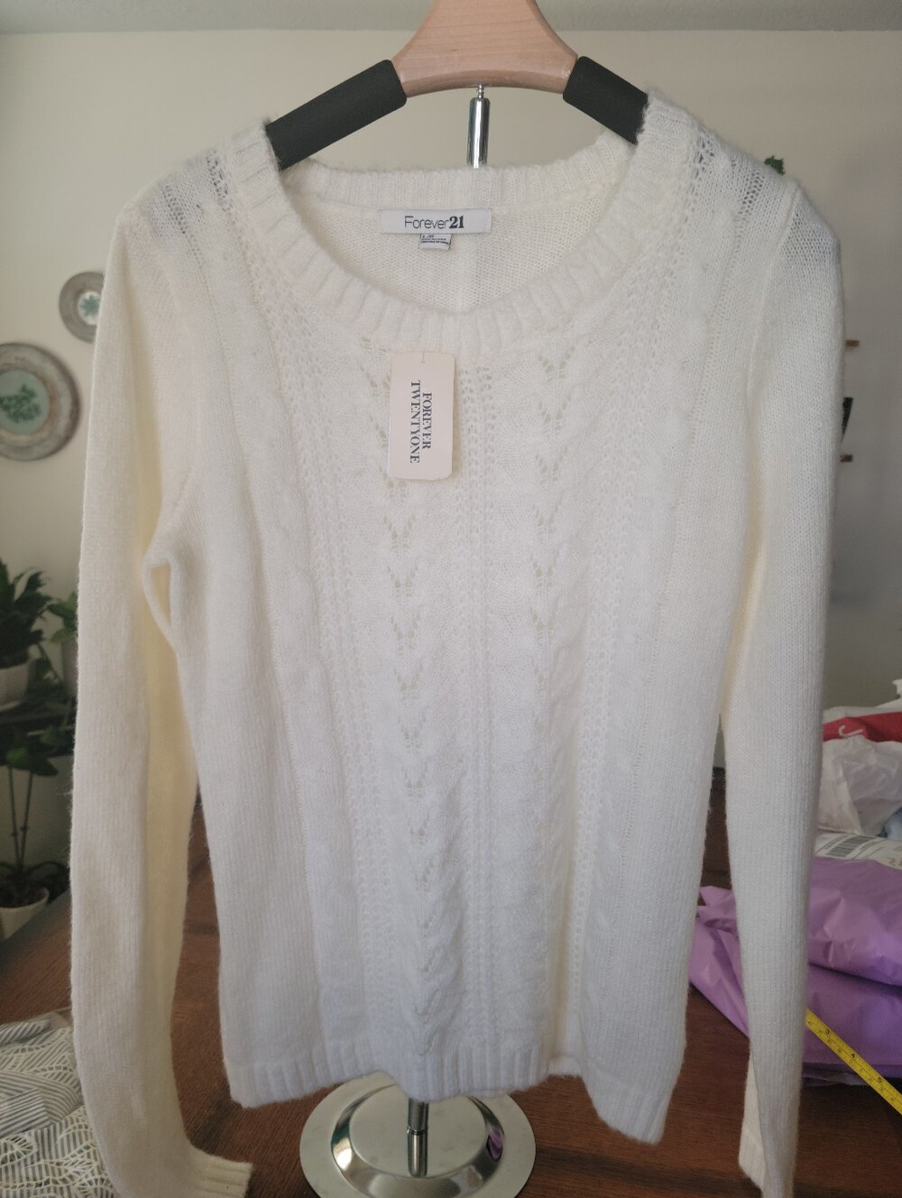 Forever 21 Ivory Cable Crewneck Sweater